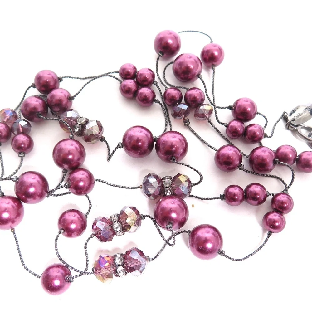 Coldwater Creek‎ Plum Purple Faux Pearl and Crystal Long Strand Necklace 36in